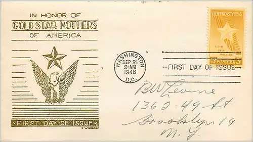 Lettre Cover Etats-Unis FDC Gold Star mothers 21 SEP 1948 Washington