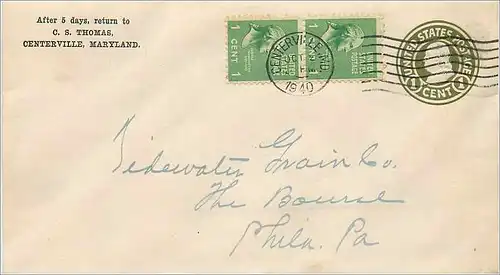 Lettre Cover Etats-Unis 1c Stationary Centerville 1940