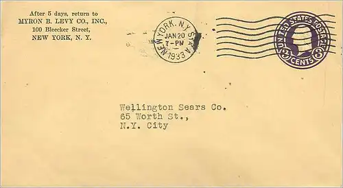 Lettre Cover Etats-Unis Stationary 3c New York 1933