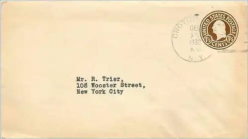 Lettre Cover Etats-Unis 1 1/2d Croton to New York 1932