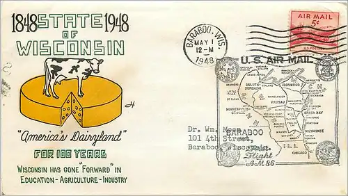 Lettre Cover Etats-Unis Wisconsin Vache Cheese Fromage 1948 Barabo