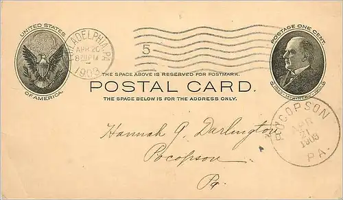 Lettre Cover Etats-Unis MC Kinley Philadelphia 1903