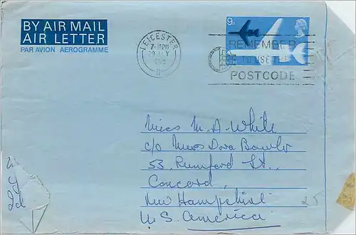 Entier Postal Stationary 9d Aerogram for Concord NH Leicester 1968