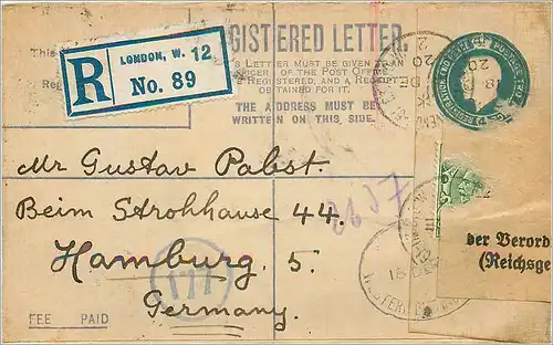 Entier Postal Stationary 4p London for Hamburg 1920