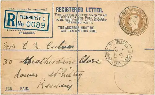 Entier Postal Stationary 2 1/2d Tilehurst for Reading 1940