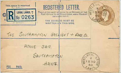 Entier Postal Stationary 5 1/2d Leigh for Hants 1940