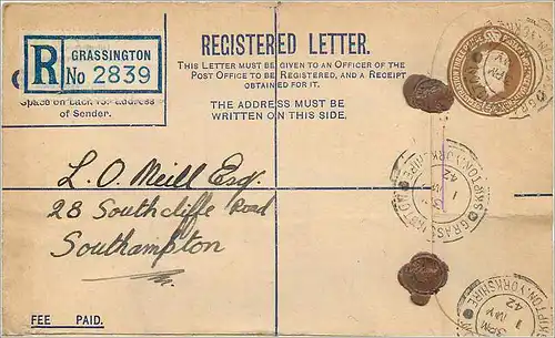 Entier Postal Stationary 5 1/2d Grassington for Southampton 1942