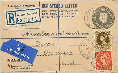 Entier Postal Stationary 8 1/2d + 1 + 1 /2d for Delaware Prestwick 1954