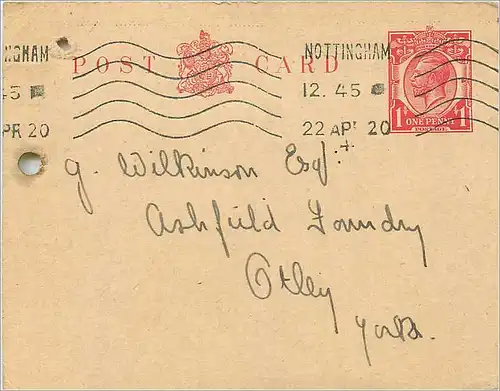 Entier Postal Stationary 1p Nottingham for Otley 1920