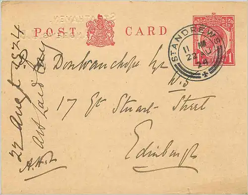 Entier Postal Stationary St Andrews for Edinburgh 1924