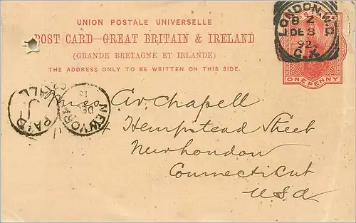 Entier Postal Stationary 1p London for USA 1892