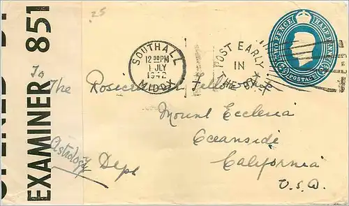 Entier Postal Stationary 2 1/2d Censored for USA 1942