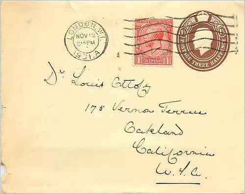 Entier Postal Stationary 2 1/2d +1d 1931 London for California