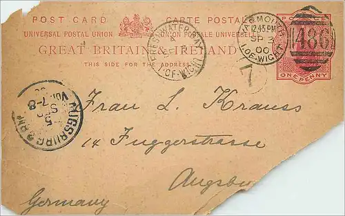 Entier Postal Postal Stationary Grande Bretagne Great Britain Yarmouth 1900 to Augsburg