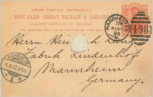 Entier Postal Postal Stationary Grande Bretagne Great Britain 1897 Manchester to Mannheim