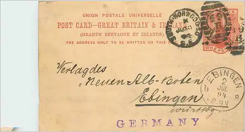 Entier Postal Postal Stationary Grande Bretagne Great Britain 1894 to Ebingen