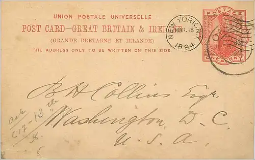 Entier Postal Postal Stationary Grande Bretagne Great Britain 1894 London to New York