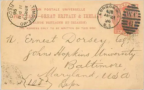 Entier Postal Postal Stationary Grande Bretagne Great Britain 1896 London to Baltimore