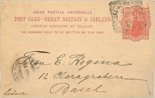 Entier Postal Postal Stationary Grande Bretagne Great Britain Newington to Basel 1894