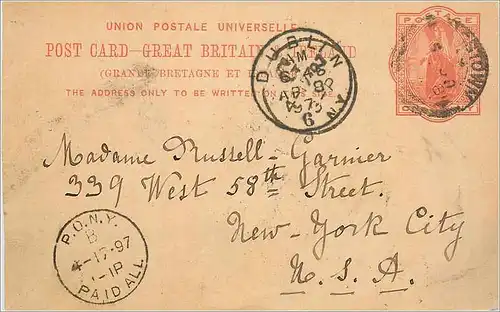 Entier Postal Postal Stationary Grande Bretagne Great Britain Dublin to New York 1897