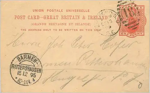 Entier Postal Postal Stationary Grande Bretagne Great Britain 1895 Bebford to Barmen