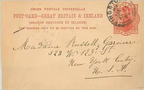 Entier Postal Postal Stationary Grande Bretagne Great Britain Kingston to New York 1899