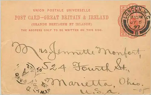 Entier Postal Postal Stationary Grande Bretagne Great Britain 1897 London to Marietta