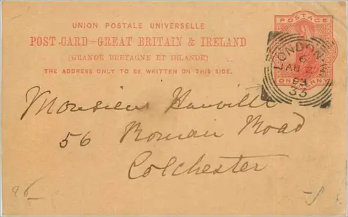 Entier Postal Postal Stationary Grande Bretagne Great Britain 1893 London to Colchester