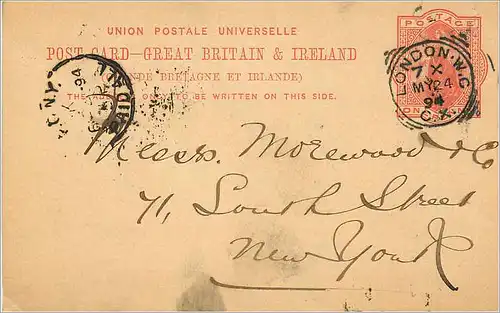 Entier Postal Postal Stationary Grande Bretagne Great Britain 1894 London to New York