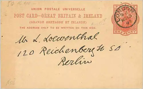 Entier Postal Postal Stationary Grande Bretagne Great Britain 1897 London to Berlin