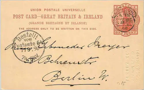 Entier Postal Postal Stationary Grande Bretagne Great Britain 1898 London to Berlin