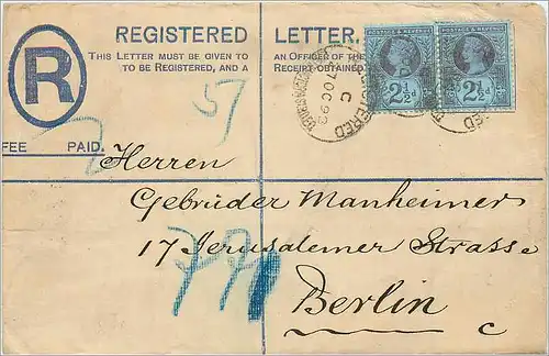 Entier Postal Postal Stationary Grande Bretagne Great Britain 2 1/2d *2 to Berlin