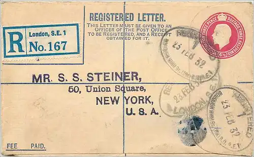 Entier Postal Postal Stationary Grande Bretagne Great Britain 4 1/2d to New York 1932