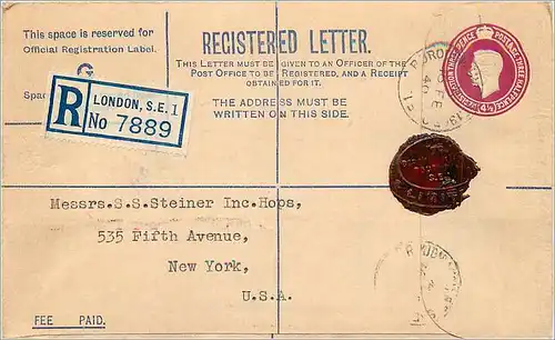 Entier Postal Postal Stationary Grande Bretagne Great Britain 4 1/2d to New York 1940