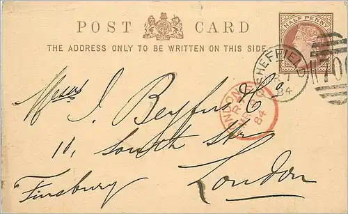 Entier Postal Postal Stationary Grande Bretagne Great Britain 1884 Shefield to London