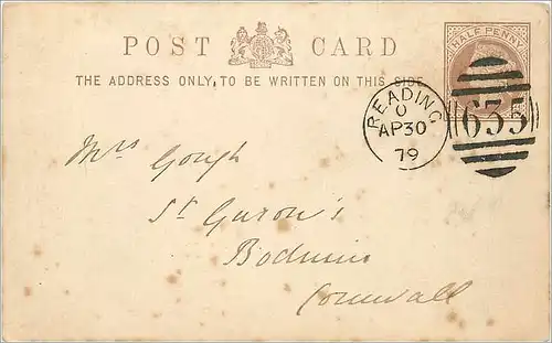 Entier Postal Postal Stationary Grande Bretagne Great Britain 1879 Reading to Cornwall