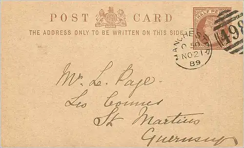 Entier Postal Postal Stationary Grande Bretagne Great Britain 1889 Manchester to Guernsey St Martins