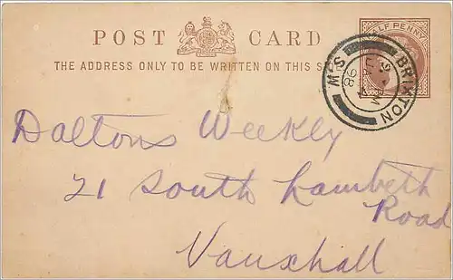 Entier Postal Postal Stationary Grande Bretagne Great Britain Brixton 1898 to Vauxhall