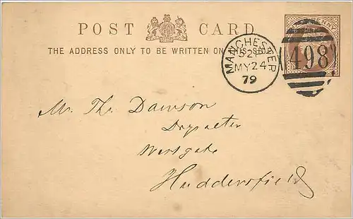 Entier Postal Postal Stationary Grande Bretagne Great Britain 1/2p Manchester 1879