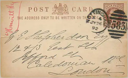 Entier Postal Postal Stationary Grande Bretagne Great Britain 1/2p Nottingham for London 1892