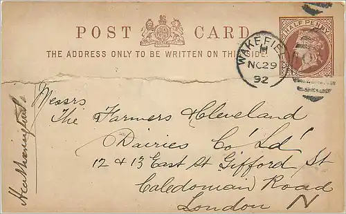 Entier Postal Postal Stationary Grande Bretagne Great Britain 1/2p Wakefield 1892 for London