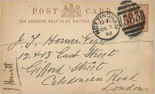 Entier Postal Postal Stationary Grande Bretagne Great Britain 1/2p Nottingham for London 1892