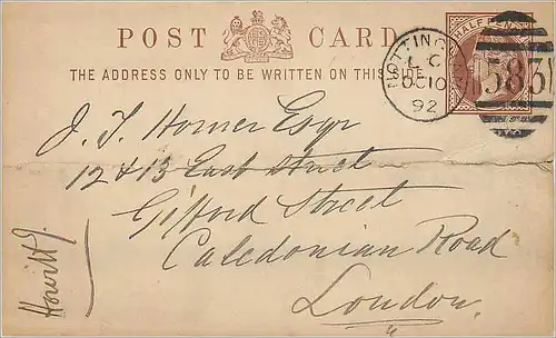 Entier Postal Postal Stationary Grande Bretagne Great Britain 1/2p Nottingham for London 1892