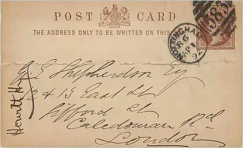 Entier Postal Postal Stationary Grande Bretagne Great Britain 1/2p Nottingham for London 1892