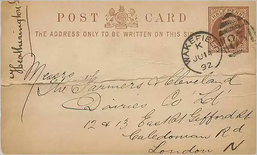 Entier Postal Postal Stationary Grande Bretagne Great Britain Wakefield 1892