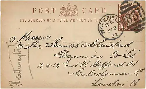 Entier Postal Postal Stationary Grande Bretagne Great Britain Wakefield 1892