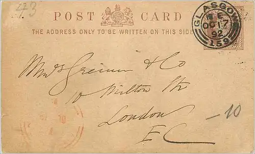 Entier Postal Stationary 1/2p Glasgow 1892 for London