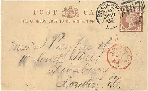 Entier Postal Stationary 1/2p Bradford to London 1883