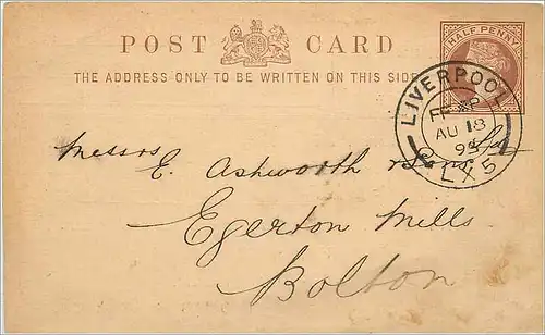 Entier Postal Stationary 1/2p Liverpool for Bolton 1893