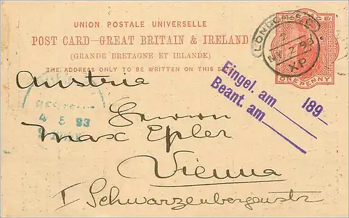 Entier Postal Stationary 1p London 1893 for Vienna